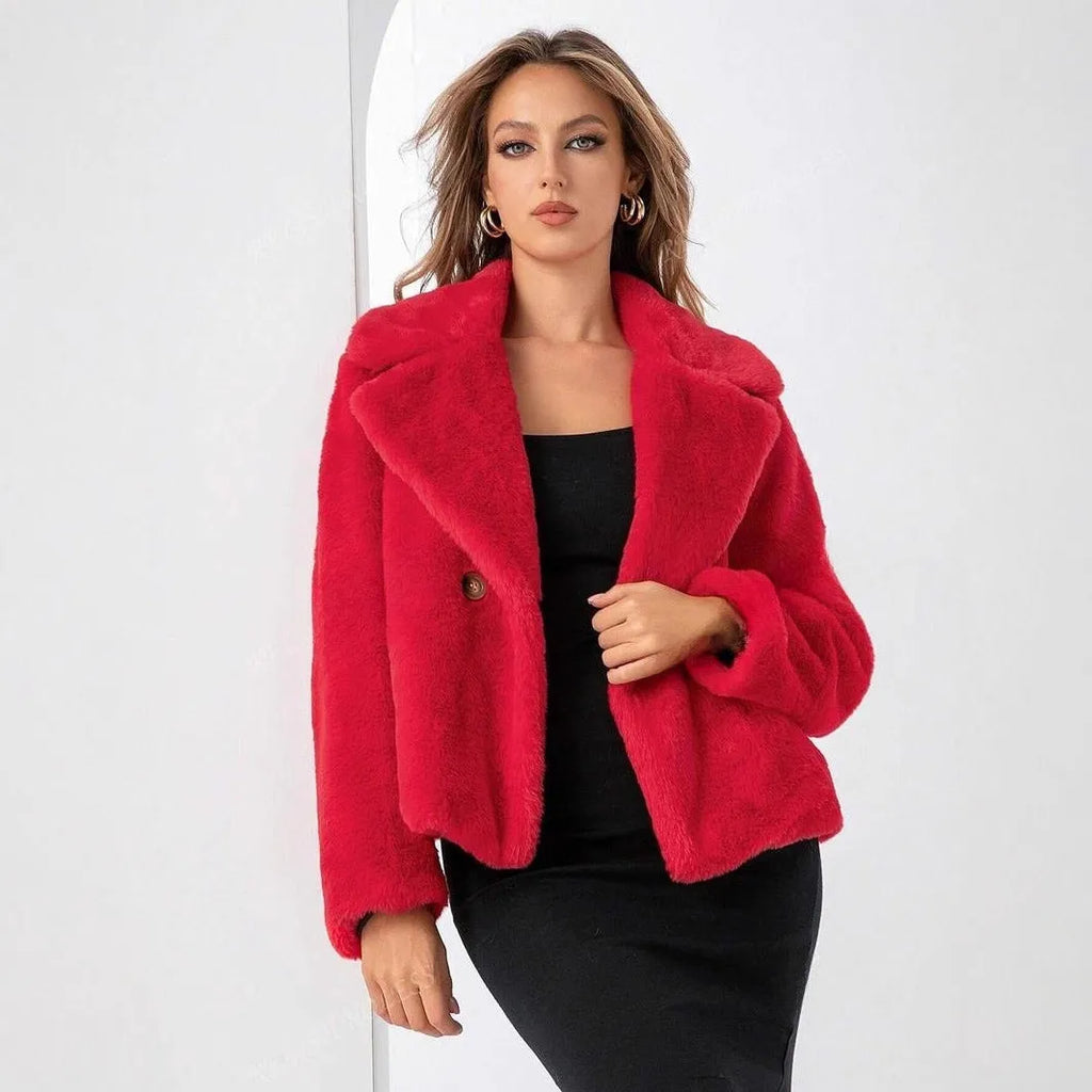 Women's loose short faux fur coat in rose red, shown with regular sleeves and a length of 50cm.