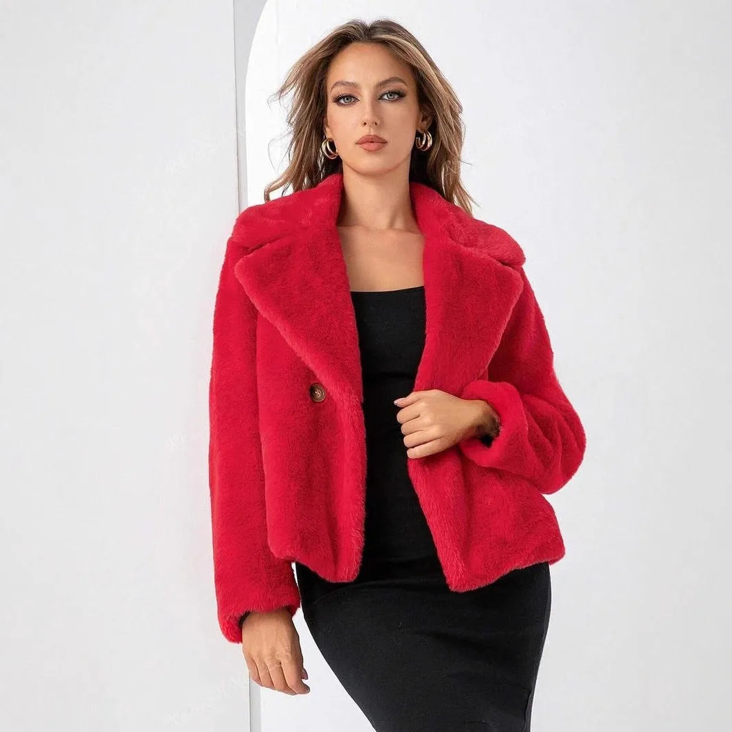 Women's loose short faux fur coat in rose red, shown with regular sleeves and a length of 50cm.