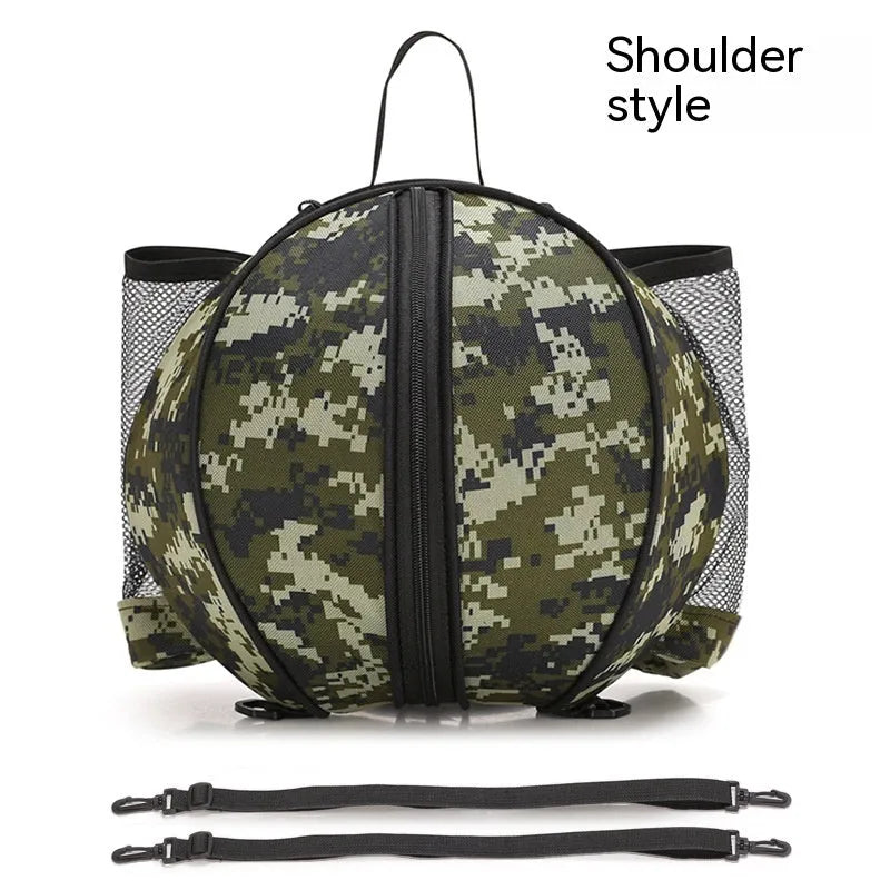 Oxford cloth basketball training bag with adjustable strap shown in a camouflage colour option.